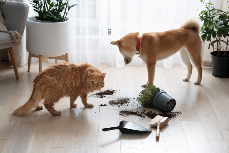 cat and dog with household hazards for pets