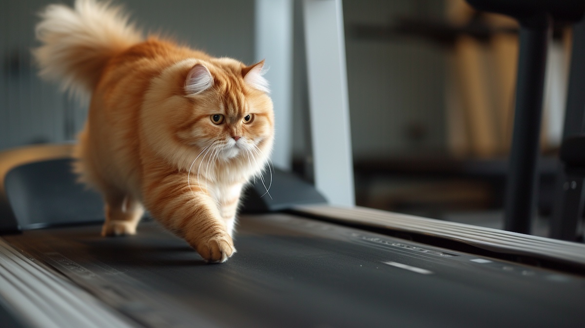 overweight cat on treadmill
