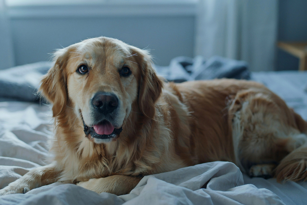 dog laying in bed